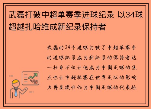 武磊打破中超单赛季进球纪录 以34球超越扎哈维成新纪录保持者